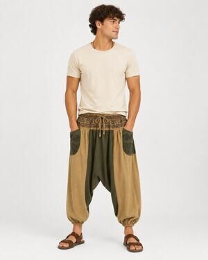 Mens Boho Harem Pants Tan Olive Paisley Drop Crotch Hippie Festival One Size